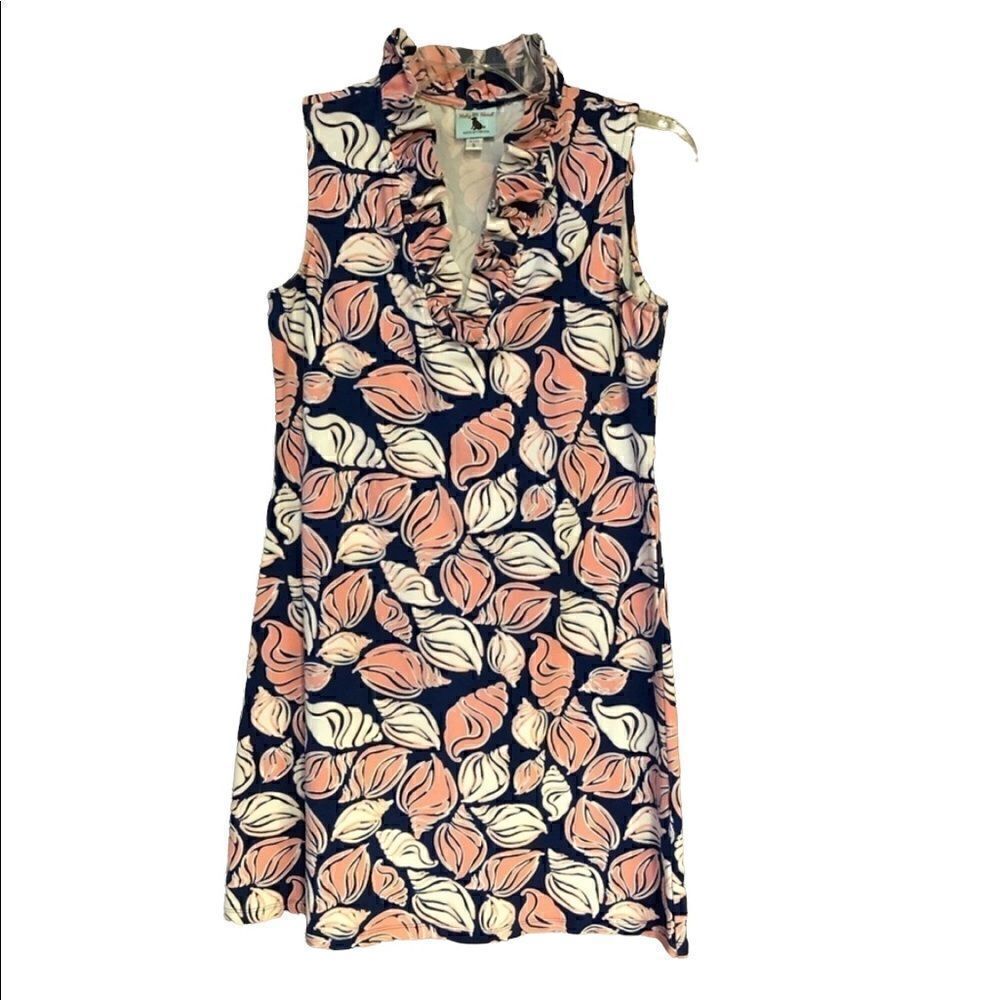 Haley and the Hound Dog Sz S Blue Seashell Print Sleeveless Ruffle Collar Dress